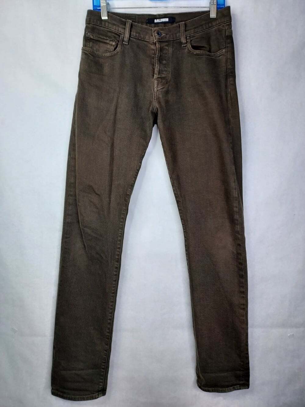 Baldwin Henley Jeans Mens 29x33 Slim Straight Stretch Denim Dark Olive Button Up